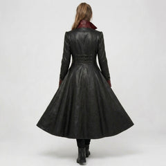 Back view of black gothic leather trench coat women with fitted waist and long flared duster silhouette - Rizwards Leather