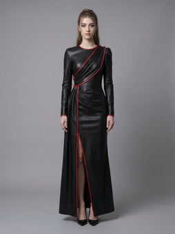 Black leather dress with red trim, long sleeves, asymmetrical draped front, fitted waist, and floor length gothic evening gown style - Rizwards Leather