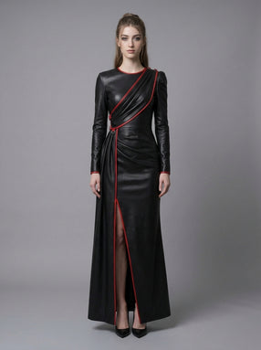 Black leather dress with red trim, long sleeves, asymmetrical draped front, fitted waist, and floor length gothic evening gown style - Rizwards Leather