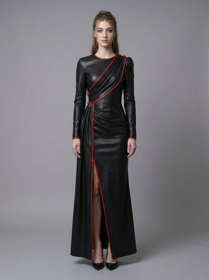 Black leather dress with red trim, long sleeves, asymmetrical draped front, fitted waist, and floor length gothic evening gown style - Rizwards Leather