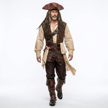 Men’s pirate leather costume set front view with tricorn hat, vest, shirt, pants and boots for LARP cosplay - Rizwards Leather