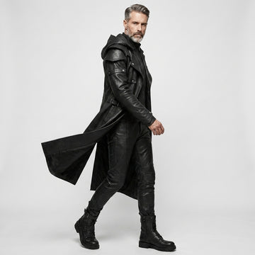 Full front view of men’s black hooded leather trench coat with gothic LARP cosplay style, long duster shape, and dark fashion look. - Rizwards Leather