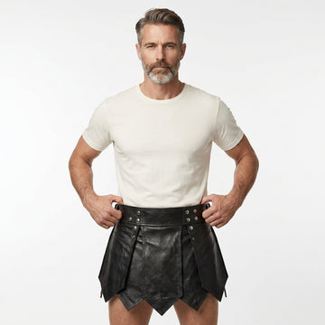 Male model wearing handmade black leather kilt, gothic Viking gladiator style mens leather kilt for LARP cosplay festival - Rizwards Leather