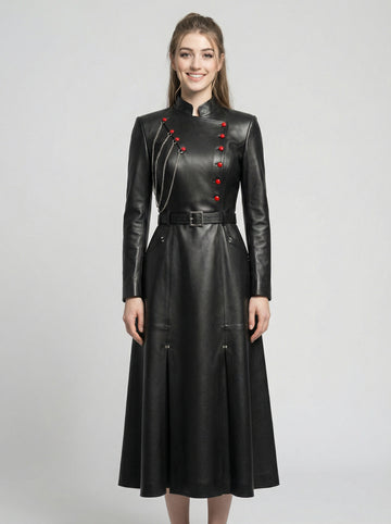 Black leather long coat women gothic military Victorian red button chain belted maxi coat outdoor look - Rizwards Leather