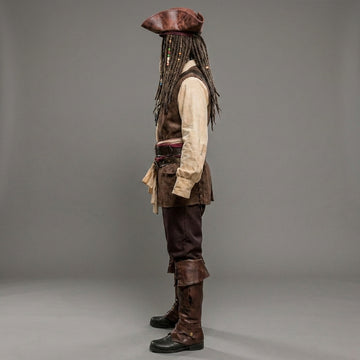 Men’s pirate leather costume set front view with tricorn hat, vest, shirt, pants and boots for LARP cosplay - Rizwards Leather