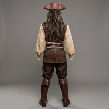 Men’s pirate leather costume set front view with tricorn hat, vest, shirt, pants and boots for LARP cosplay - Rizwards Leather