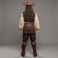 Back view of men’s pirate leather costume with long wig, tricorn hat, vest, pants and Renaissance cosplay details - Rizwards Leather