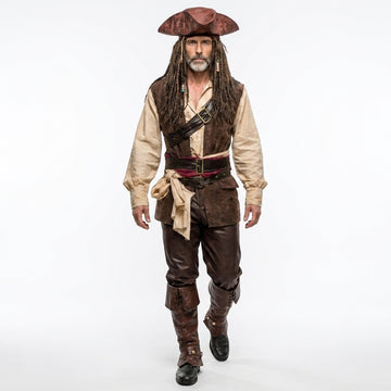 Men’s pirate leather costume set front view with tricorn hat, vest, shirt, pants and boots for LARP cosplay - Rizwards Leather