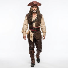 Adult pirate costume for men with tricorn hat, leather vest, pirate shirt, pants and boots for Halloween outfit - Rizwards Leather