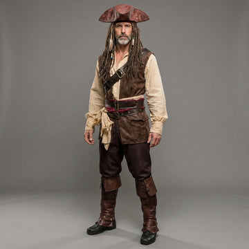 Men’s pirate leather costume set front view with tricorn hat, vest, shirt, pants and boots for LARP cosplay - Rizwards Leather