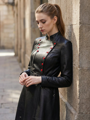 Black leather long coat women gothic military Victorian red button chain belted maxi coat outdoor look - Rizwards Leather