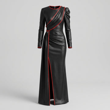 Black leather dress with red trim, long sleeves, asymmetrical draped front, fitted waist, and floor length gothic evening gown style - Rizwards Leather