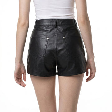 Women’s black leather high waisted moto shorts with silver zipper pockets, front button closure, belt loops, and mini hot pants style - Rizwards Leather
