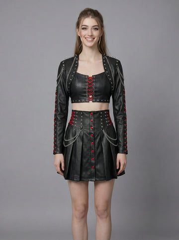Gothic leather crop top skirt set for women with punk bolero jacket, red lace-up corset top, chain mini skirt, and black combat boots - Rizwards Leather