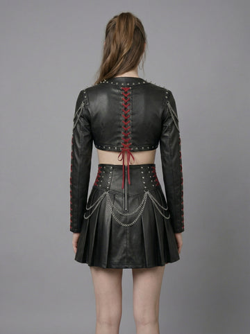 Gothic leather crop top skirt set for women with punk bolero jacket, red lace-up corset top, chain mini skirt, and black combat boots - Rizwards Leather