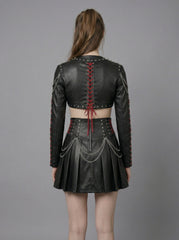 Back view of women’s gothic leather bolero jacket and skirt set with red lace-up back detail, studs, chains, and black mini skirt - Rizwards Leather