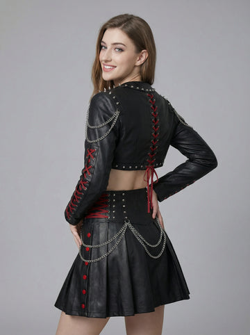 Gothic leather crop top skirt set for women with punk bolero jacket, red lace-up corset top, chain mini skirt, and black combat boots - Rizwards Leather