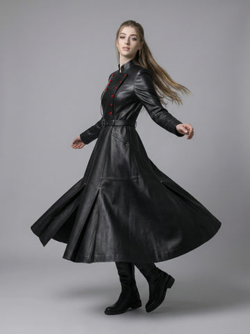 Black leather long coat women gothic military Victorian red button chain belted maxi coat outdoor look - Rizwards Leather