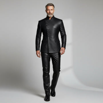 Men’s black asymmetrical leather button jacket front view