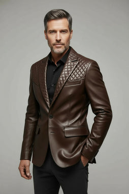 Men’s brown faux leather blazer with quilted shoulders and collar