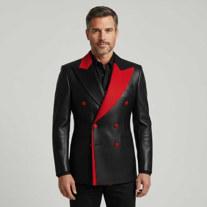 Black men’s leather blazer with red faux leather detailing