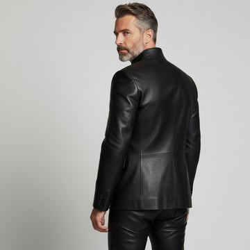 Men’s black asymmetrical leather button jacket front view