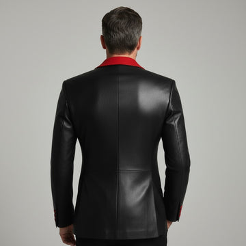 Black men’s leather blazer with red faux leather detailing