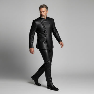 Men’s black asymmetrical leather button jacket front view