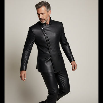 Men’s black asymmetrical leather button jacket front view