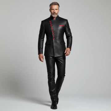 Men’s red leather asymmetrical button jacket front view