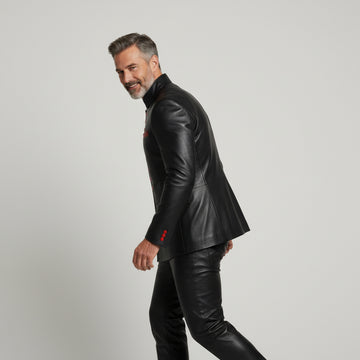 Men’s red leather asymmetrical button jacket front view