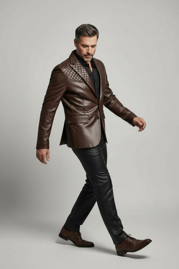 Men’s brown faux leather blazer with quilted shoulders and collar