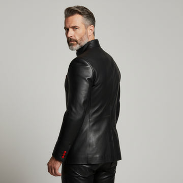 Men’s red leather asymmetrical button jacket front view