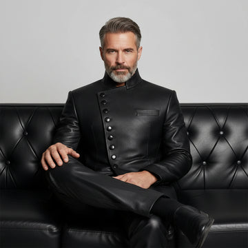 Men’s black asymmetrical leather button jacket front view