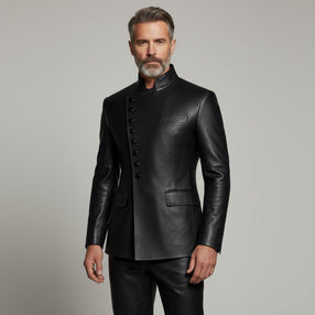 Men’s black asymmetrical leather button jacket front view