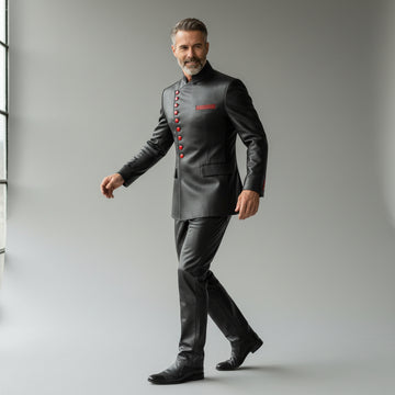 Men’s red leather asymmetrical button jacket front view