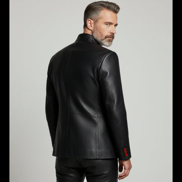 Men’s red leather asymmetrical button jacket front view