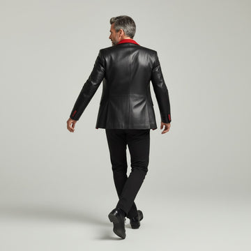 Black men’s leather blazer with red faux leather detailing