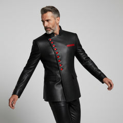 Men’s Black Leather Statement Jacket – Luxury Red Button Outerwear