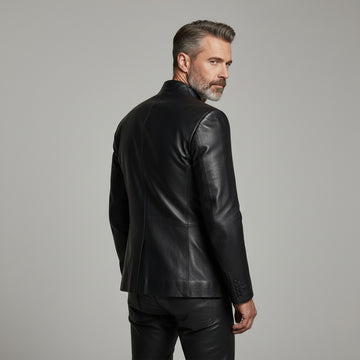Men’s black asymmetrical leather button jacket front view