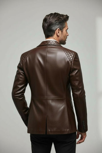 Men’s brown faux leather blazer with quilted shoulders and collar