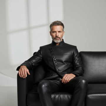 Men’s black asymmetrical leather button jacket front view