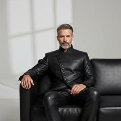 Men’s Black Asymmetrical Leather Button Jacket – Modern Statement Outerwear