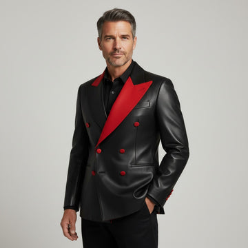 Black men’s leather blazer with red faux leather detailing