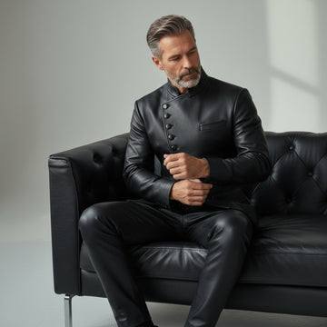 Men’s black asymmetrical leather button jacket front view