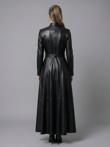 Black leather long coat women gothic military Victorian red button chain belted maxi coat outdoor look - Rizwards Leather