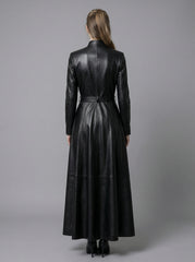 Back view black leather maxi coat women gothic military Victorian long belted coat design - Rizwards Leather