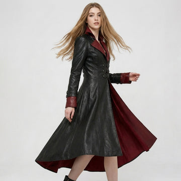 Full front view black red gothic leather trench coat women with buckle waist red lining and high collar - Rizwards Leather