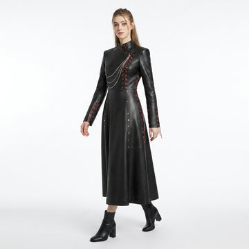 Women’s black leather asymmetrical long coat with gothic stand collar, chain detail, red lace up accents, and full length maxi silhouette - Rizwards Leather