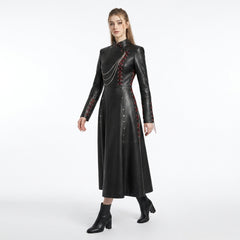 Black leather asymmetrical long coat for women with fitted waist, gothic chain details, red lacing, and full length flared hem - Rizwards Leather